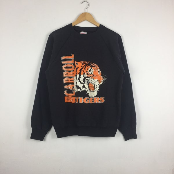 Vintage 90s Carroll Tigers Big Logo Collegiate USA Jumper High School Sweatshirt Hanes Graphic Pullover American College Mens Medium Black