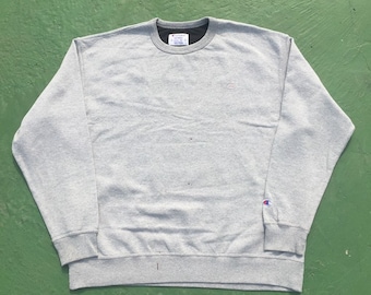 Sudadera vintage Champion Mini Logo, jersey minimalista de cuello redondo, talla XXL para hombre, color gris.