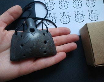 Handmade ocarina necklace. Ceramic flute. Black on black folk decorated pendant ocarina.