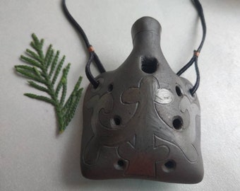 Ceramic pendant ocarina necklace. Hand decorated clay flute jewelry.