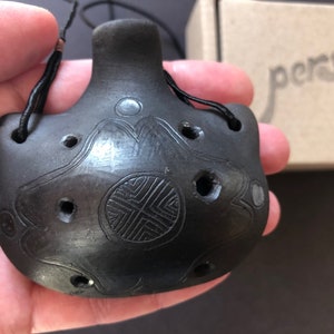 Handmade ceramic ocarina. Clay flute. 7 hole ocarina necklace hand decorated in folk style.