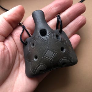Ocarina clay flute. Handcrafted 7 hole. Ocarina necklace. Decorated ocarina pendant.