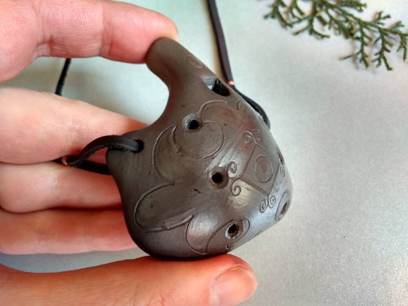Pendant ocarina necklace. Hand decorated elegant clay flute. Etsy