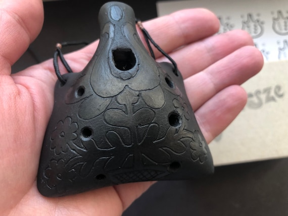 Ocarina Ceramic Flute. Handmade Pendant Black on Black Decorated Ocarina. Folk Style Decorated Ocarina Etsy