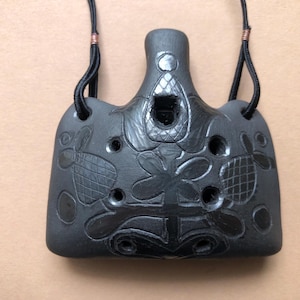 Ocarina ceramic flute. Handmade pendant black on black decorated ocarina. One of a kind.