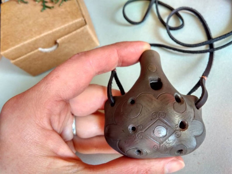Pendant ocarina necklace. Hand decorated elegant clay flute. Etsy