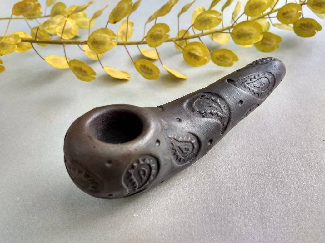 Ceramic smoking pipe. Matte black clay pipe with paisley Etsy