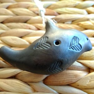 Bird Whistle Ceramic Black Bird Pendant Clay Whistle with  hearts print. Handmade Clay Whistle Gift For Kid Gift For Girl Ceramic Flute Raku