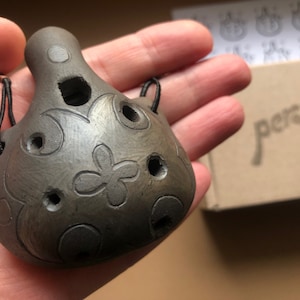 Handmade pendant ocarina necklace. Hand decorated elegant clay flute.