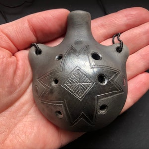 Ceramic ocarina necklace. Handmade clay flute. Black on black folk decorated pendant ocarina.