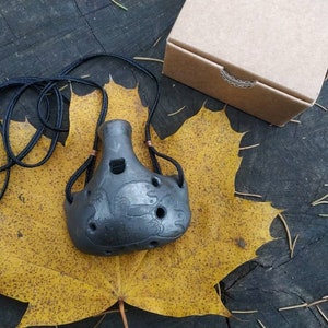 Ocarina necklace. Handmade ceramic flute. Black on black folk decorated pendant ocarina.