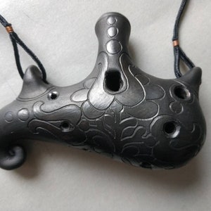 Ceramic ocarina flute. Handmade pendant ocarina with floral pattern. Elegant black on black becorated ocarina. One of a kind.