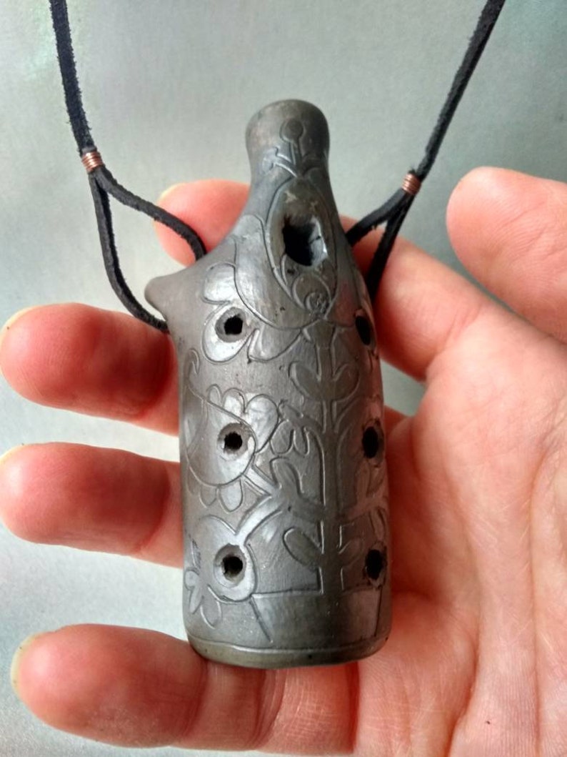 Pendant ocarina necklace. Hand decorated elegant clay flute. Etsy