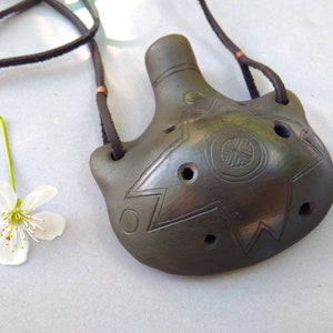 Ocarina ceramic flute. Handmade pendant black ocarina. Elegant black on black decorated ocarina. One of a kind.