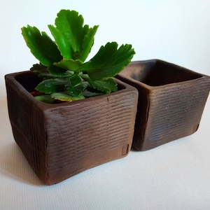 Square black ceramic succulent planter. Small minimalist cactus planter pot. Handmade ceramic square planter