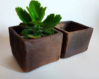 May include: Two square terracotta pots with a textured brown finish. One pot is empty and the other contains a green succulent plant.