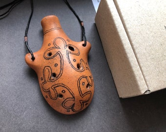 Ocarina ceramic flute. Handmade pendant black on black decorated ocarina. One of a kind.