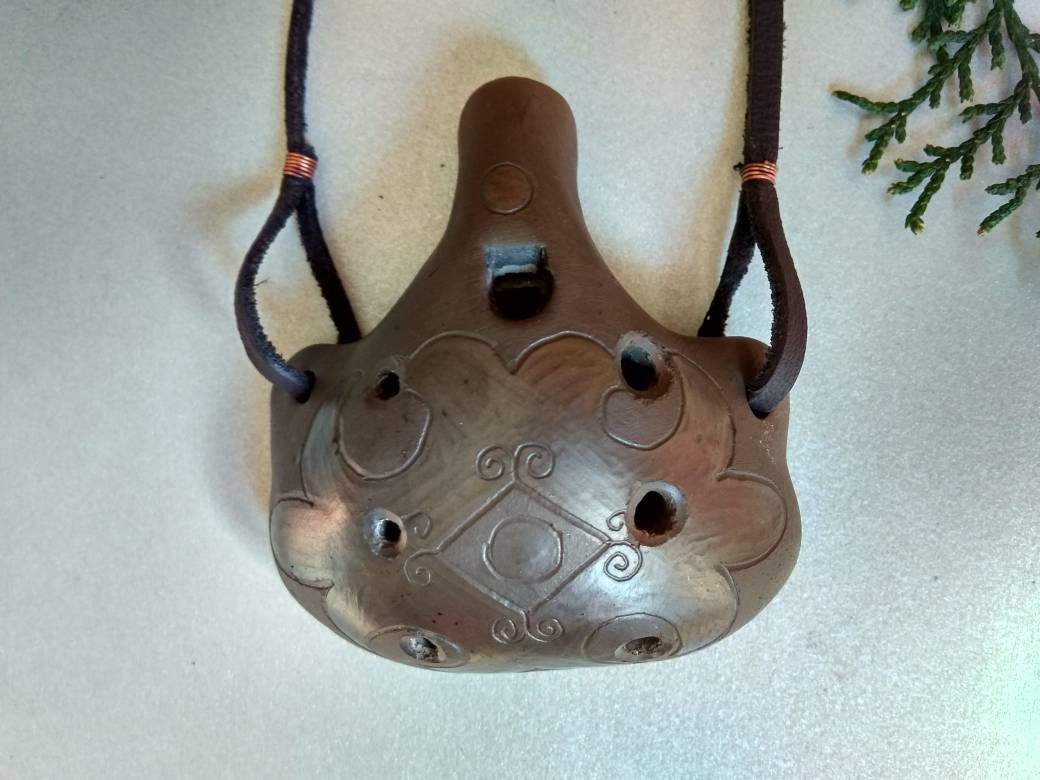 Pendant ocarina necklace. Hand decorated elegant clay flute. Etsy
