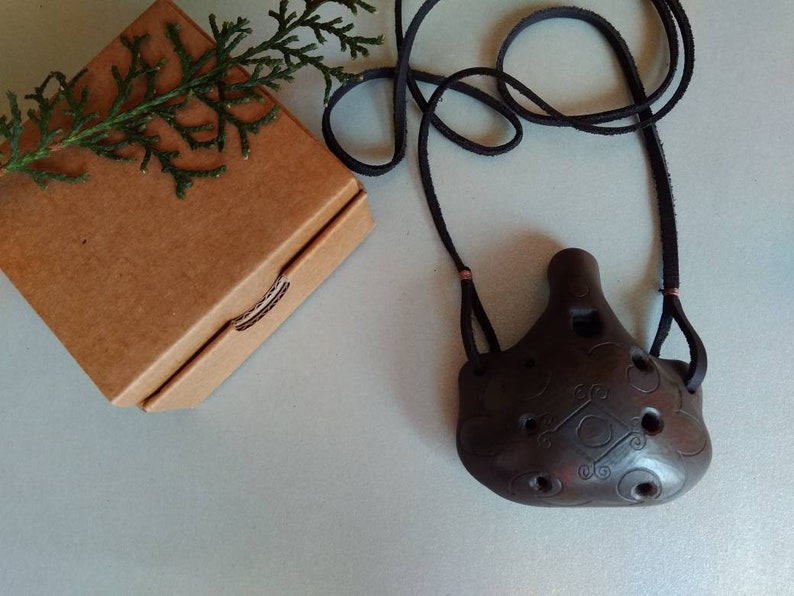 Pendant ocarina necklace. Hand decorated elegant clay flute. Etsy