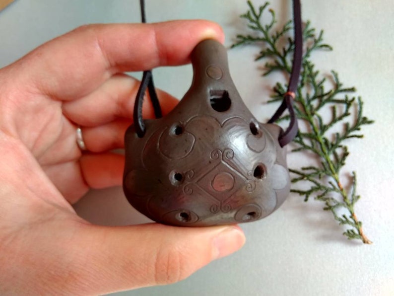 Pendant ocarina necklace. Hand decorated elegant clay flute. Etsy