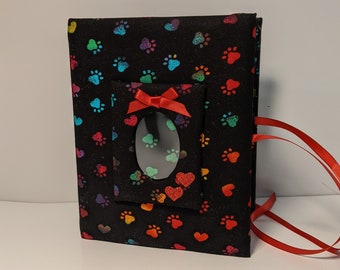 Puppy Dog Paw Prints Photo Album, Rainbow Paw and Hearts Photo Album, Holds 100 4x6 Photos - Handmade, Puppy Fabric Photo Album in Black