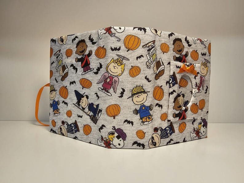 Puede incluir: Una cubierta de libro de tela gris con tem&aacute;tica de Halloween. La cubierta presenta personajes de Peanuts vestidos con disfraces, calabazas y murci&eacute;lagos. La cubierta tiene un bolsillo en el lateral con un lazo naranja.