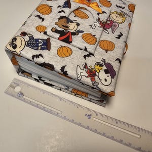 Puede incluir: Un &aacute;lbum de fotos de tela gris con tem&aacute;tica de Halloween. La portada presenta personajes de Peanuts disfrazados y calabazas. El &aacute;lbum tiene una encuadernaci&oacute;n de anillas y est&aacute; cerrado.