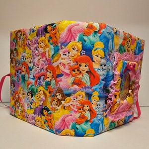 Puede incluir: Un &aacute;lbum de fotos de tela rosa y blanco con un tema de princesa. La portada presenta un collage de princesas Disney y sus compa&ntilde;eros animales. El &aacute;lbum tiene un cierre de cinta rosa y un borde de encaje.