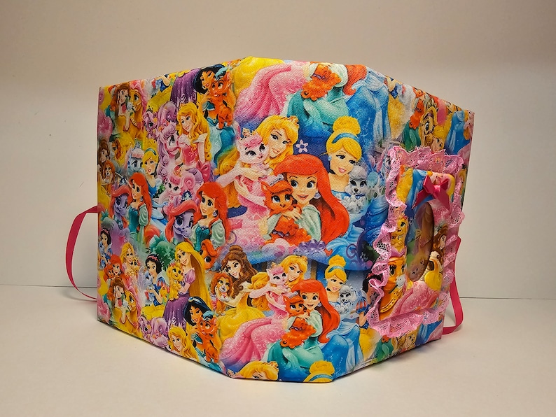 Puede incluir: Un &aacute;lbum de fotos de tela rosa y blanco con un tema de princesa. La portada presenta un collage de princesas Disney y sus compa&ntilde;eros animales. El &aacute;lbum tiene un cierre de cinta rosa y un borde de encaje.