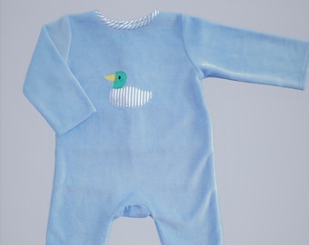 Pyjama bébé en jersey velours bleu vif avec appliqué canard , pyjama bébé garçon, grenouillère bébé garçon