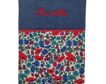 Baby girl&#39;s health record in fine dark blue denim and liberty, 13 fabric options, personalization with embroidered first name