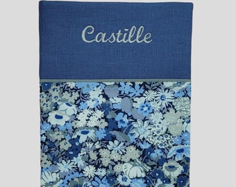 Baby girl&#39;s health record in blue denim linen and liberty, 13 fabric options, personalization with embroidered first name