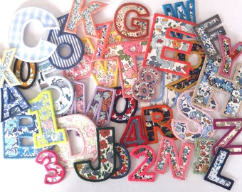 Letters and numbers to sew or glue in Liberty, 36 fabrics to choose from, 5 sizes, embroidery color of your choice