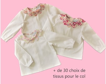 Chemise bébé en coton blanc avec col 11 pétales en Liberty, guimpe bébé à personnaliser, blouse bébé collerette