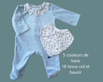 Set naissance bébé garçon pyjama + bavoir , à personnaliser avec 12 tissus différents et 5 couleurs de base pour le jersey