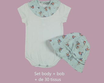 Set body et bob assorti pour bébé , body manches courtes à collerette liberty, bob bébé liberty, plus de 30 tissus au choix