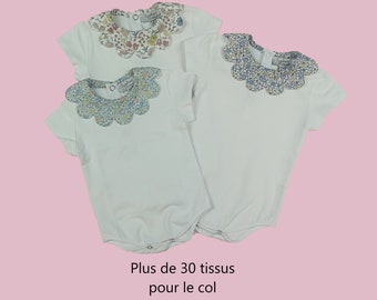 Body de bebé de manga corta con cuello pétalo, body con cuello pierrot para personalizar, más de 30 tejidos a elegir