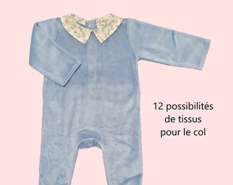 Baby-Pyjama aus blauem Denim-Samt-Jersey mit quadratischem Kragen, Baby-Jungen-Pyjama, Baby-Strampler