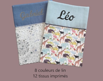 Baby boy&#39;s health record in linen and liberty, personalization with embroidered first name
