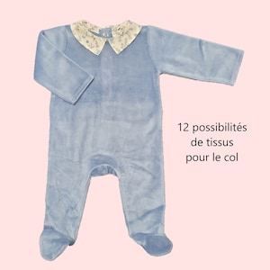 Pyjama bébé en jersey velours bleu jean col carré , pyjama bébé garçon, grenouillère bébé garçon image 1