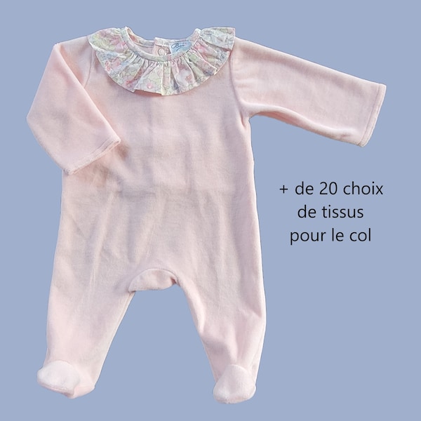 Baby pajamas in pale pink jersey liberty collar, more than 20 fabric possibilities for the collar