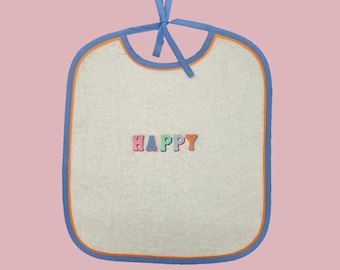 Large white sponge baby bib with embroidery HAPPY letters college style