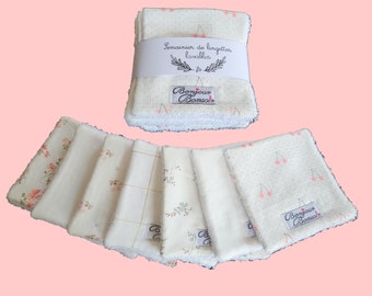 Semainier de toallitas lavables reutilizables de forma cuadrada, tonos lotes leche blanca y layette rosa