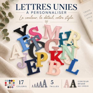 Lettres unies à coudre ou thermocollantes, écussons personnalisables, 17 couleurs, 5 tailles, contour brodé au choix