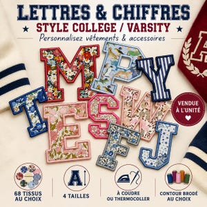 Lettres et chiffres style College Varsity à coudre ou thermocoller, 68 tissus au choix, 4 tailles, patch personnalisé