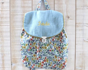 Rugzak van linnen en Liberty voor de peuterspeelzaal of kleuterschool, gepersonaliseerd met de naam van uw kind. 18 kleuren