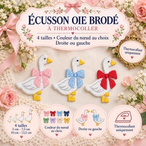 Opstrijkbare geborduurde ganzenpatch, aanpasbare patch, 4 maten, keuze uit verschillende kleuren strikken, applicatie voor kinderkleding.