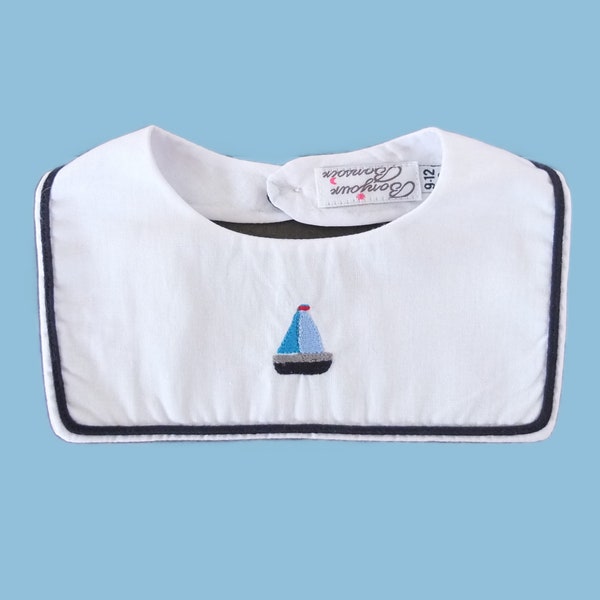 Faux col plastron blanc avec broderie bateau, col amovible style marin