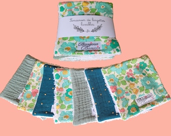 Semainier of square wipes, washable cottons, lot green/turquoise tones