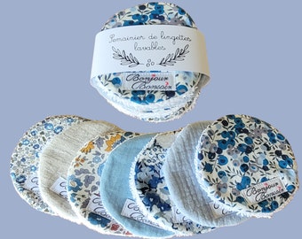 Semainier de lingettes forme rondes, disques à démaquiller ,lot tons bleu/gris